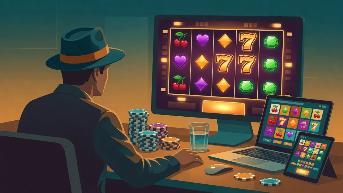 Illustration of a player in a fedora playing a slot on a desktop monitor, with chips, a laptop and a tablet nearby